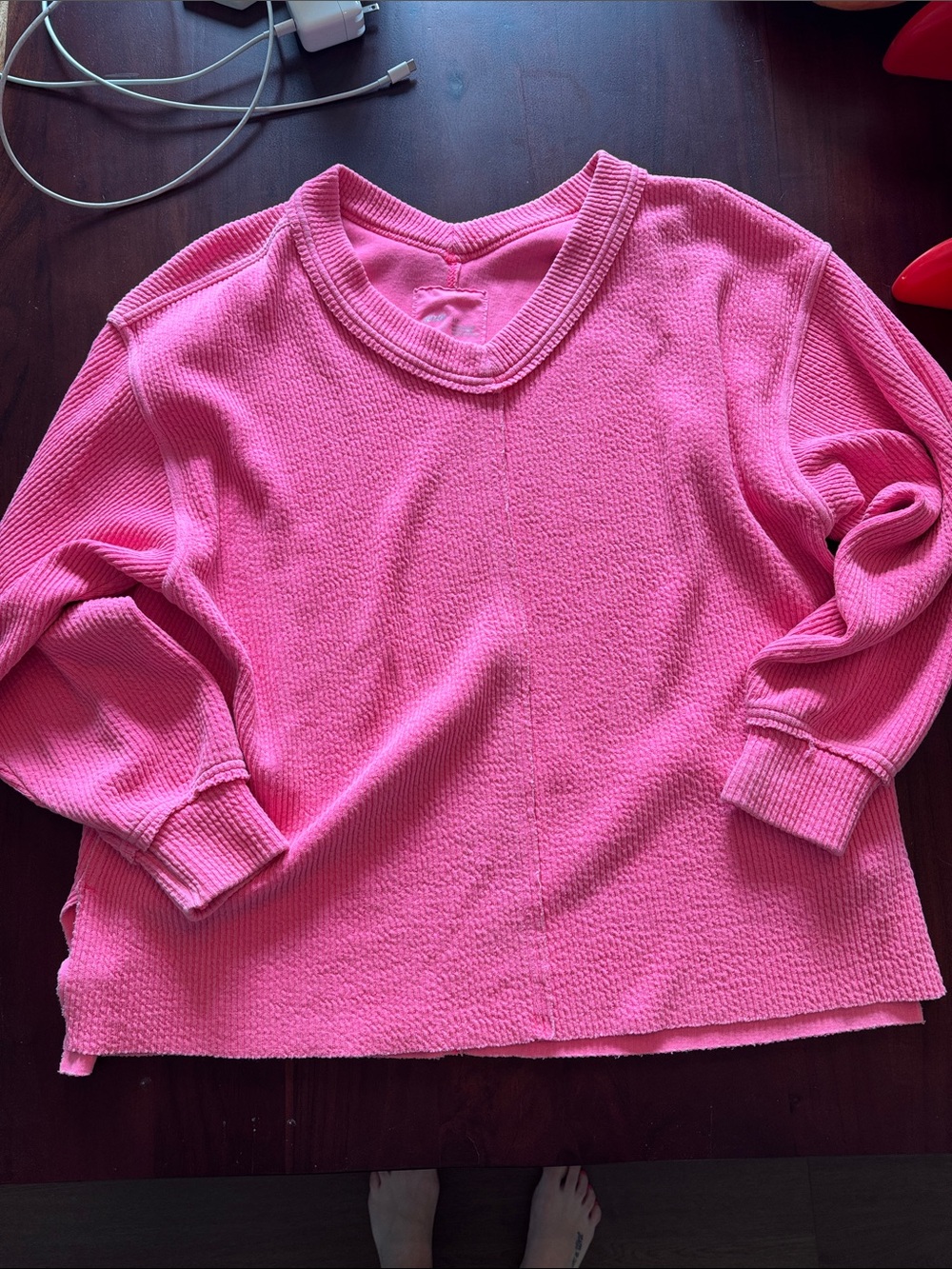aerie Bubblegum Pink V-Neck Waffle Knit Sweatshirt